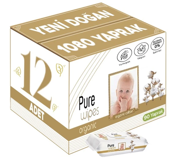 Pure Baby Islak Havlu Mendil 90 Yaprak Yenidoğan Organic Pamuklu (12 Li Set) 1080 Yaprak Plstk Kapak - 1