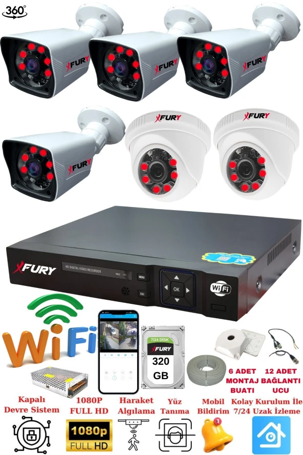 FURY 2 İç 4 Dış Kameralı 5mp Lens 2mp Görüntü Gece Görüşlü Full Hd Güvenlik Kamerası 14125525 320 GB