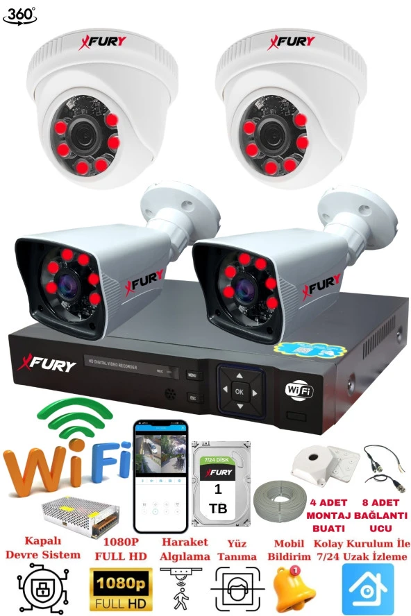 FURY 4 Kameralı 5mp 3.6mm Lens 2mp Görüntü 6 Atom Led Gece Görüşlü Full Hd Güvenlik Kamerası 251412 1 TB