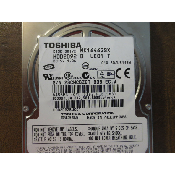 Toshiba MK1646GSX - 160GB 5.4K RPM SATA 9.5mm 2.5" Hard Drive