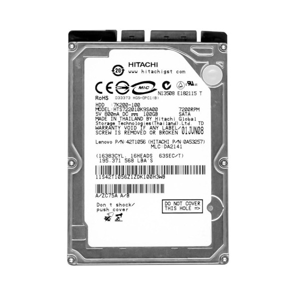 Hitachi HTS722010K9SA00 TravelStar 100GB 7200 RPM 8MB Buffer SATA 7-pin 2.5 Inch Notebook Hard Drive