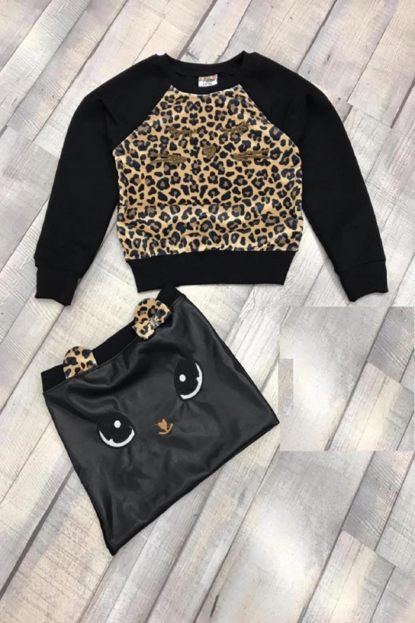 MODAVALS KEDİ NAKIŞLI DERİ ETEK & LEOPAR DESENLİ BADİ KIZ ÇOCUK KOMBİN 2-3 YAŞ - 4