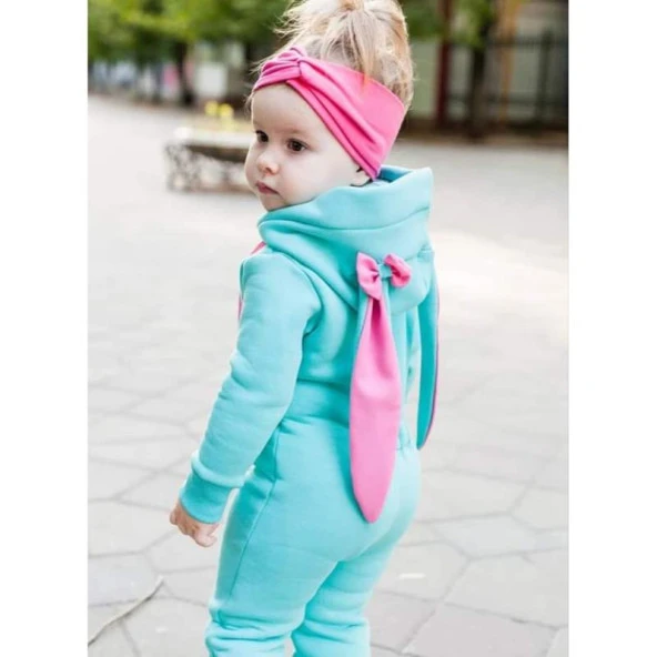 MODAVALS TAVŞAN KULAKLI KAPİŞONLU KIZ BEBEK TULUM - TURKUAZ 6-9 AY - 2