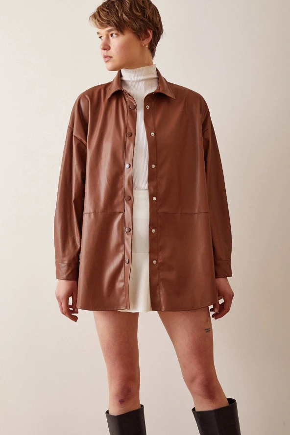 Deri Gömlek Koyu Kahve - Resim 5