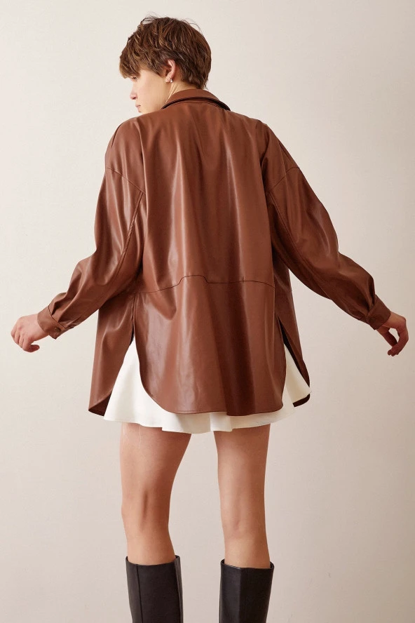 Deri Gömlek Koyu Kahve - Resim 6