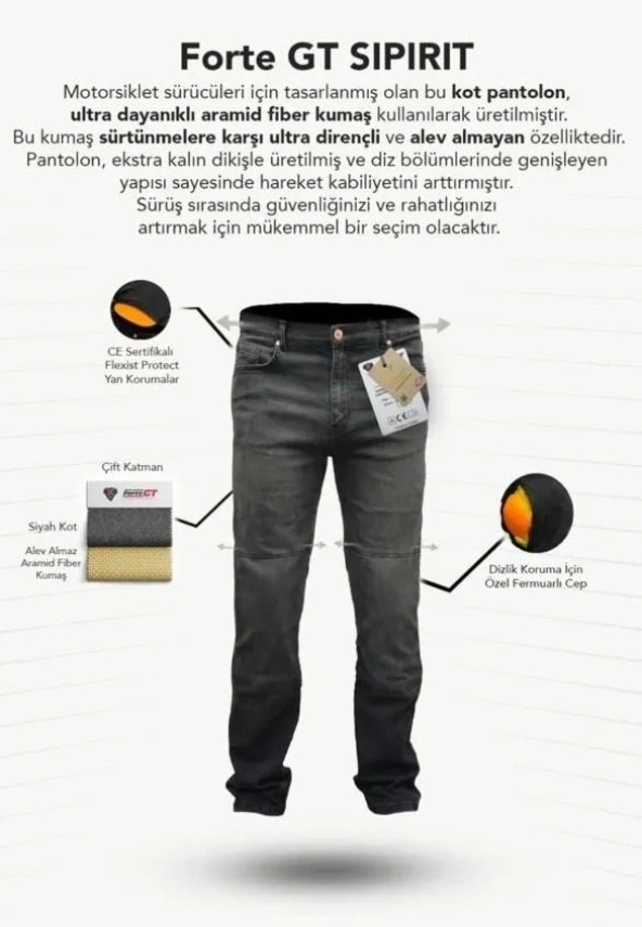 Forte Gt 1092 Spirit Korumalı Motosiklet Kot Pantolonu 34 Large Beden Siyah - 6