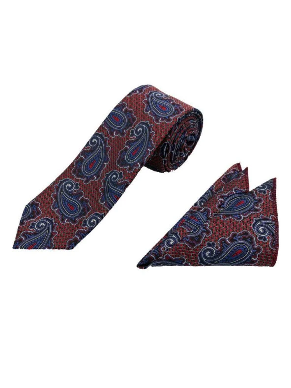 Brianze Kırmızı Mavi Şal Desen Kravat Mendil Set - 2
