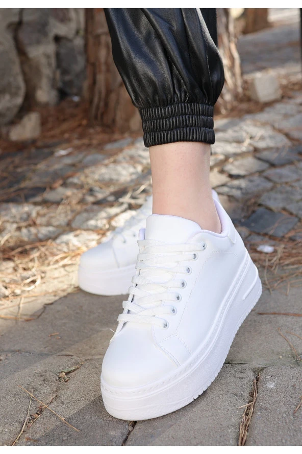 Tomiross-Carol Beyaz Beyaz Kadın Poli Taban Bağcıklı Spor Sneaker Ayakkabı CRL-2810