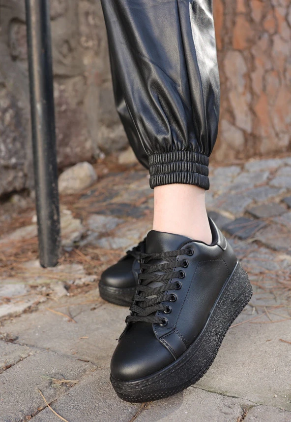 Tomiross-Carol Kadın Siyah Siyah Poli Taban Bağcıklı Spor Sneaker Ayakkabı CRL-2810