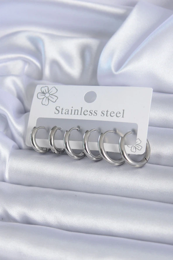 316L Çelik Gümüş Renk Halka Kadın Küpe Seti ürün görseli