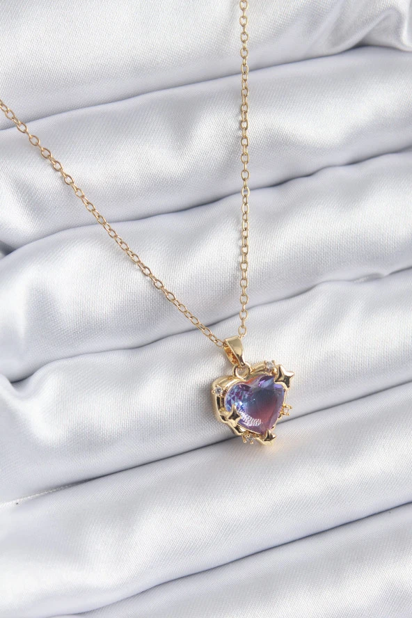 316L Çelik Zincir Gold Renk Mor Renk Zirkon Taşlı Kalp Model Kadın Kolye ürün görseli