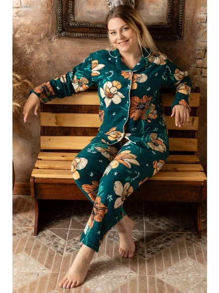 Sude A-200-157 Welsoft Polar Düğmeli Yaprak Desenli Kadın Battal Beden Pijama Takımı - 3