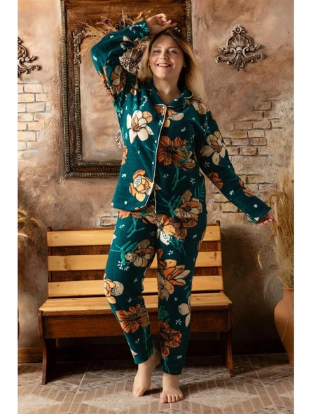 Sude A-200-157 Welsoft Polar Düğmeli Yaprak Desenli Kadın Battal Beden Pijama Takımı