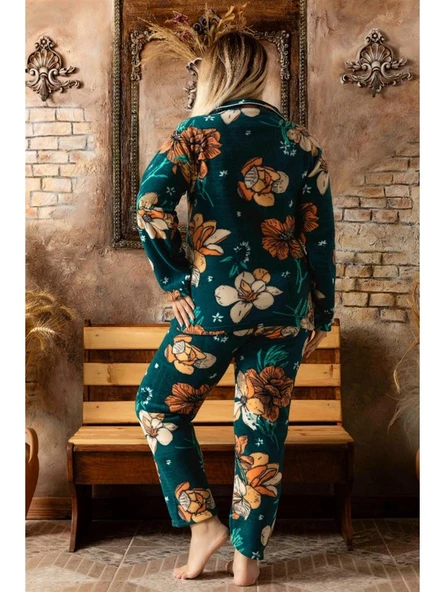 Sude A-200-157 Welsoft Polar Düğmeli Yaprak Desenli Kadın Battal Beden Pijama Takımı - 2