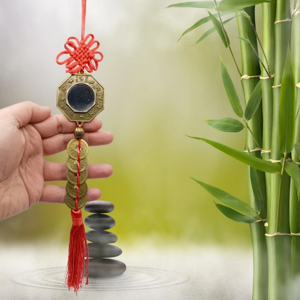 Çin Feng Shui Şans ve Bereket Bagua Ayna Beşli Para 35 cm - Resim 3