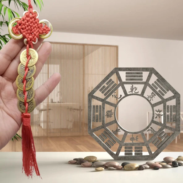 Çin Feng Shui Şans ve Bereket Düğüm Beşli Para 35 cm - Resim 3