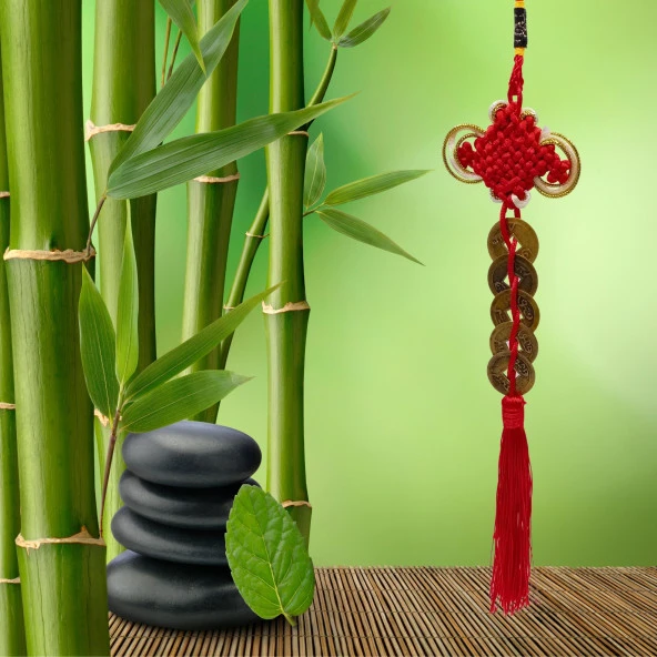 Çin Feng Shui Şans ve Bereket Düğüm Beşli Para 35 cm - Resim 4