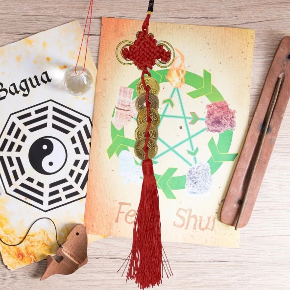 Çin Feng Shui Şans ve Bereket Düğüm Beşli Para 35 cm - Resim 5