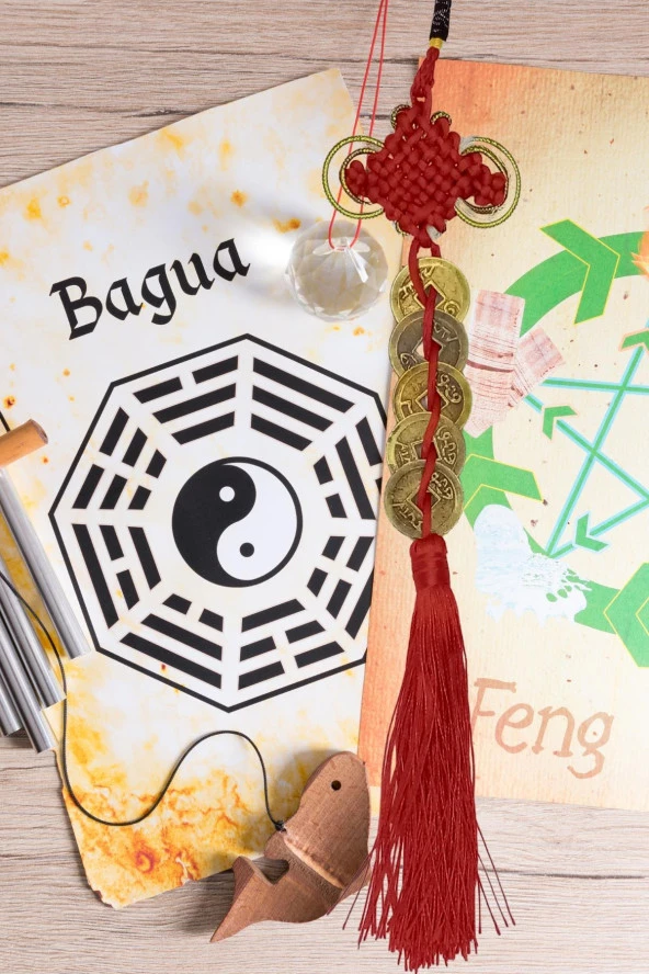 Çin Feng Shui Şans ve Bereket Düğüm Beşli Para 35 cm - Resim 10