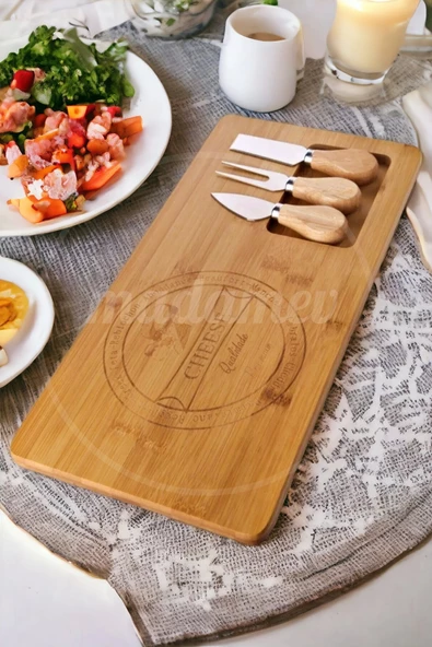 Gourmet Cheese Peynir Sunum Tahtası 3 Bıçaklı Naturel Bambu Kahvaltı Servis Sunum Yemek Tabağı Seti - 4