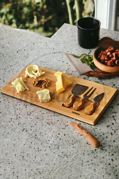 Gourmet Cheese Peynir Sunum Tahtası 3 Bıçaklı Naturel Bambu Kahvaltı Servis Sunum Yemek Tabağı Seti - 5