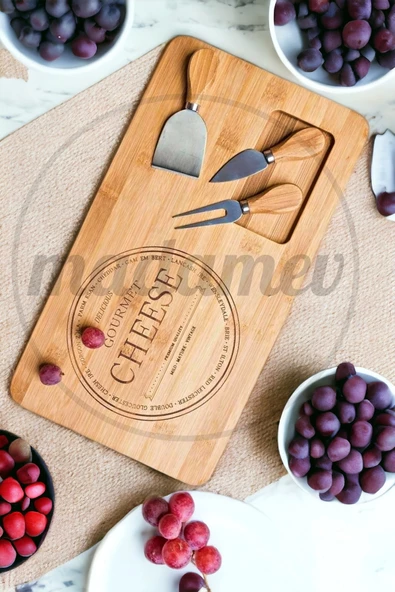 Gourmet Cheese Peynir Sunum Tahtası 3 Bıçaklı Naturel Bambu Kahvaltı Servis Sunum Yemek Tabağı Seti - 3