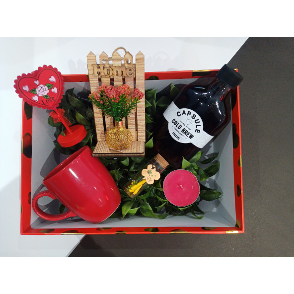 Sevgililer günü hediye kutusu Cold brew- home ışıklı led çiçek-kırmızı kupa-mum-love-