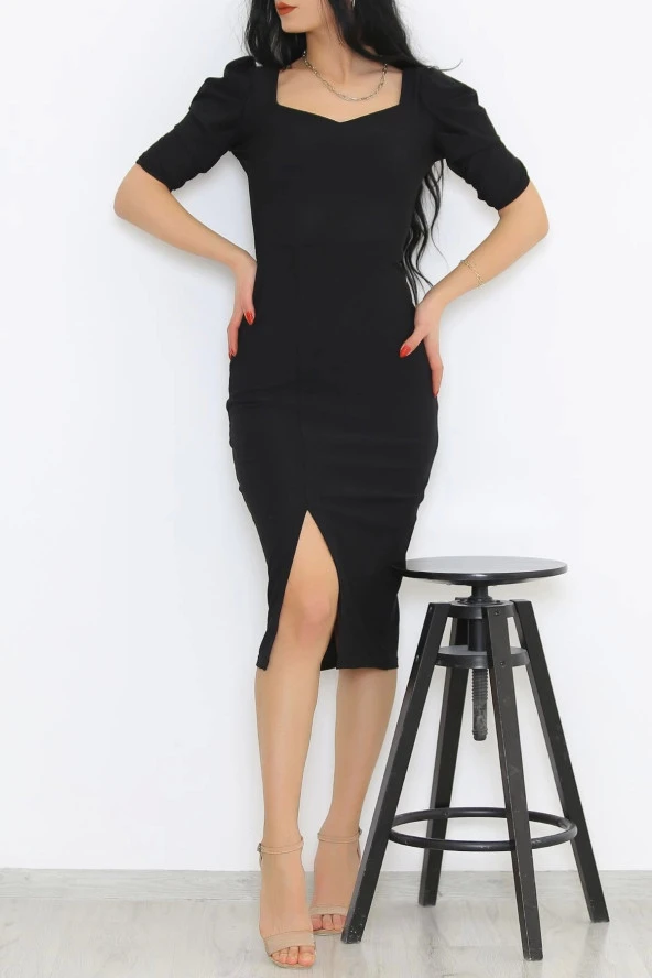 Kare Yaka Elbise Siyah - 3