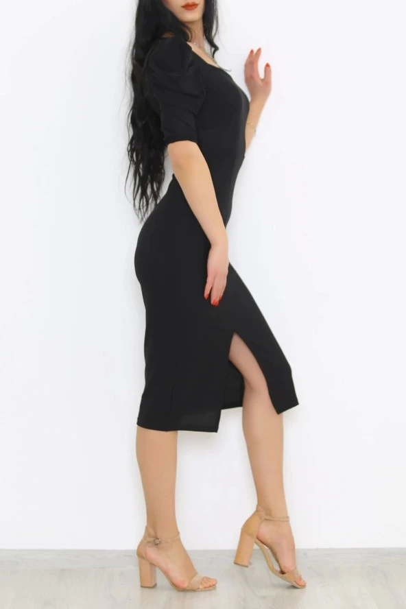 Kare Yaka Elbise Siyah - 4