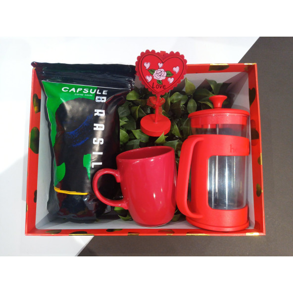 Sevgililer günü hediye kutusu 250gr Brezilya Öğütülmüş Filtre kahve-  French press-kırmızı kupa-love