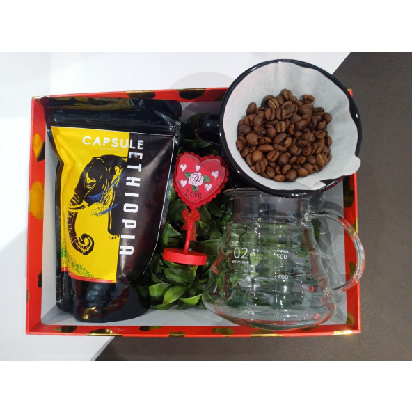 Sevgililer günü hediye kutusu 250gr Ethiopia öğütülmüş Filtre kahve-  V60 Demleme Seti-love