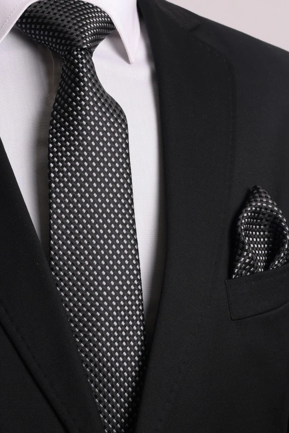 Esgue Hand Made 7.5 cm Siyah Gri Desenli Kravat Mendil ürün görseli 1