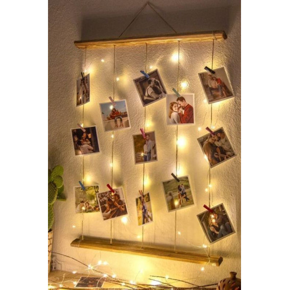 Mandallı İpli Işıklı Fotoğraf Askısı, Ledli Anı Duvarı, Ahşap Fotoğraf Çerçevesi - 2