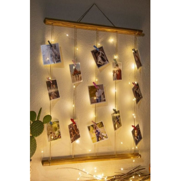 Mandallı İpli Işıklı Fotoğraf Askısı, Ledli Anı Duvarı, Ahşap Fotoğraf Çerçevesi - 3