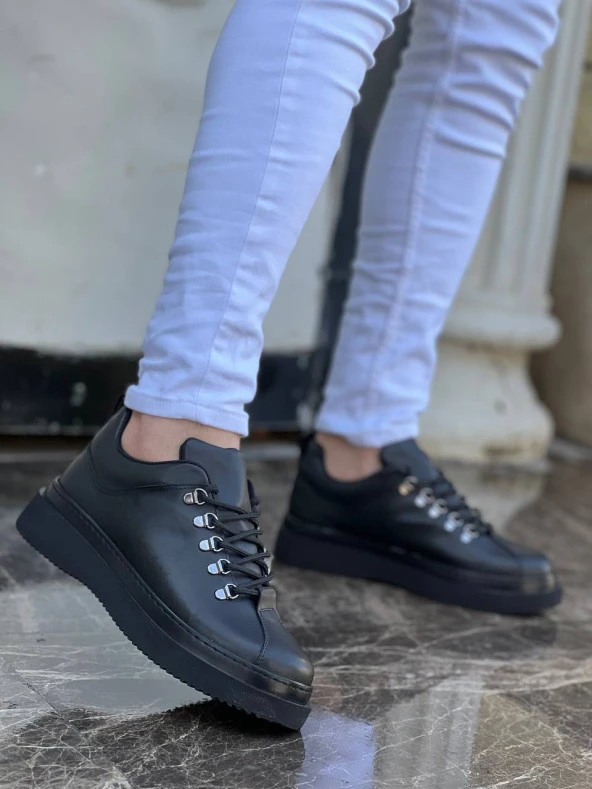 KB-X4 Siyah Cilt Siyah Yüksek Taban Bağcıklı Günlük Erkek Ayakkabı - Resim 3