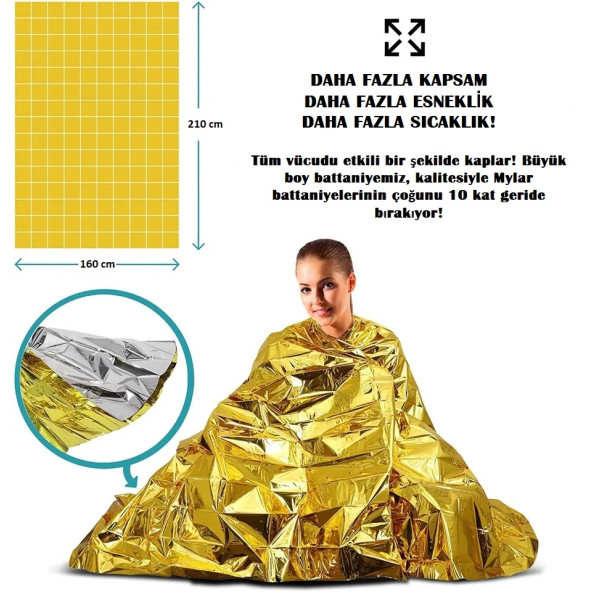 Deprem Afet Hipotermi Termal Acil Durum Battaniyesi Çift Taraflı Büyük Boy 160x210 CM - 3