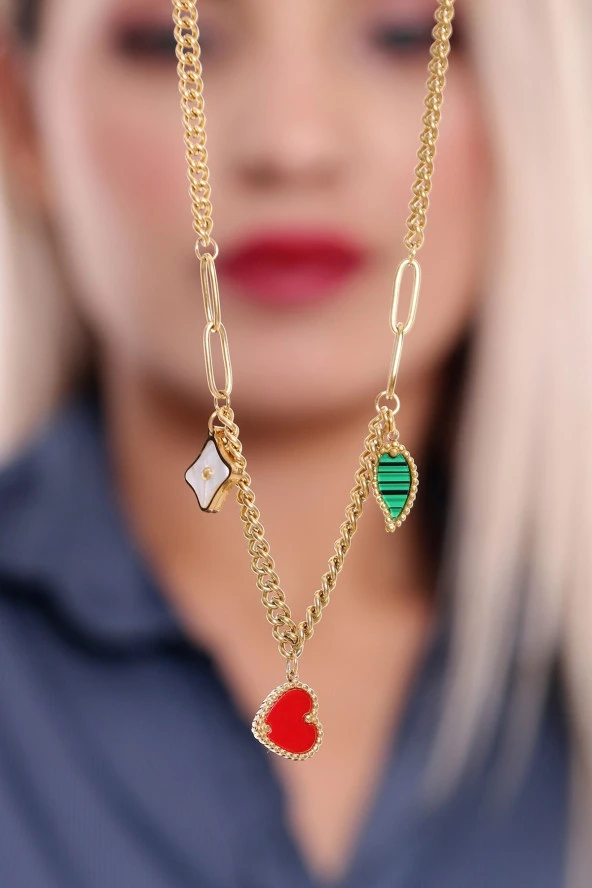 Kadın Özel  Kalp Yaprak İnci Taşlı  Çelik  Kolye - Resim 3