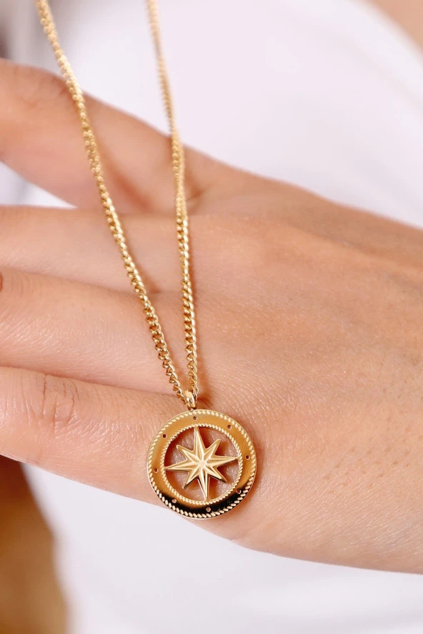 Kadın Kuzey Yıldızı Çelik Kolye Gold Renk - Resim 3