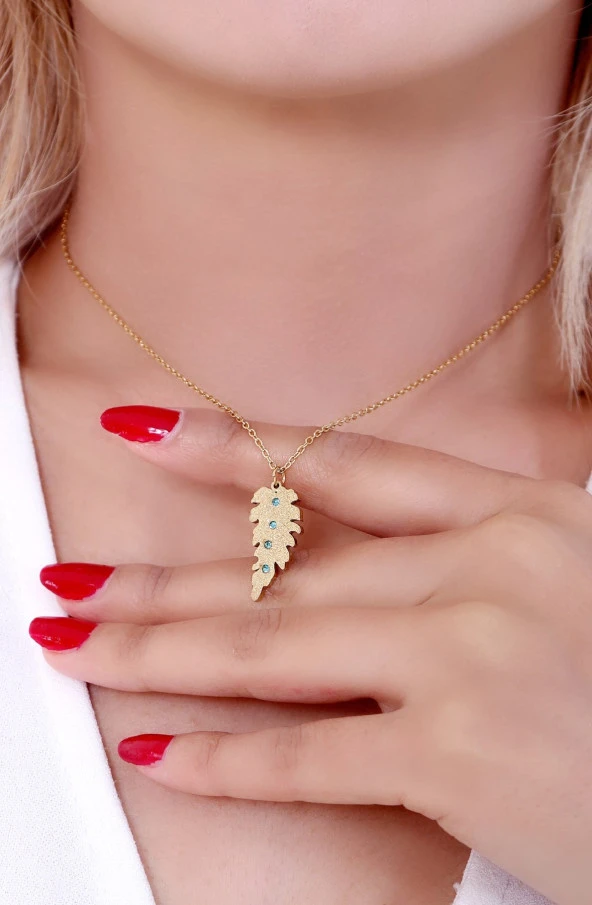 Kadın Altın Kaplama Simli Yaprak Çelik Kolye Gold - Resim 3