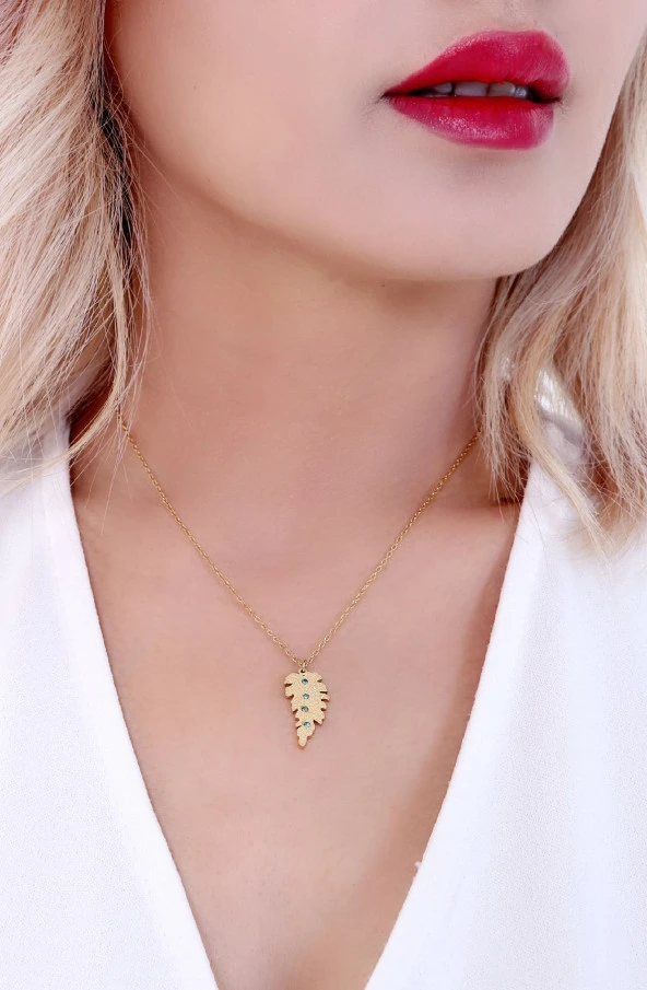 Kadın Altın Kaplama Simli Yaprak Çelik Kolye Gold - Resim 4