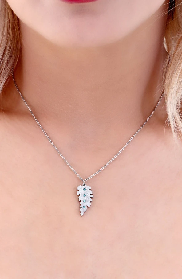 Kadın Altın Kaplama Simli Yaprak Çelik Kolye Gümüş Renk - Resim 5