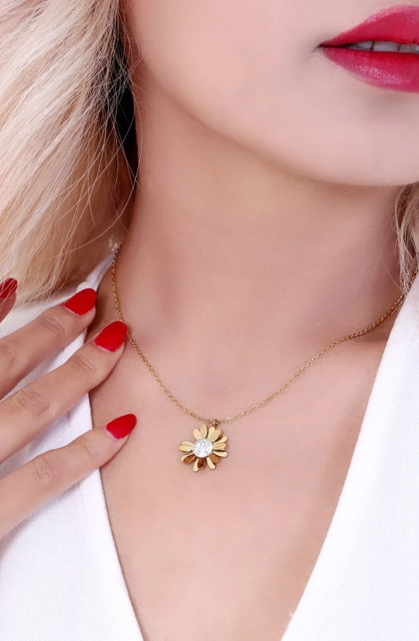 Kadın Altın Kaplama Papatya Çelik Kolye Gold Renk - Resim 2