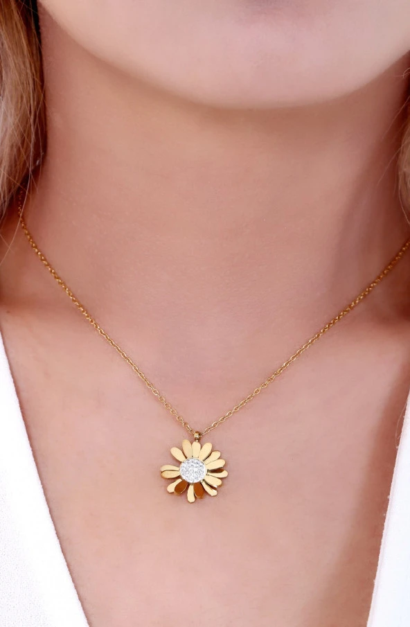 Kadın Altın Kaplama Papatya Çelik Kolye Gold Renk - Resim 3