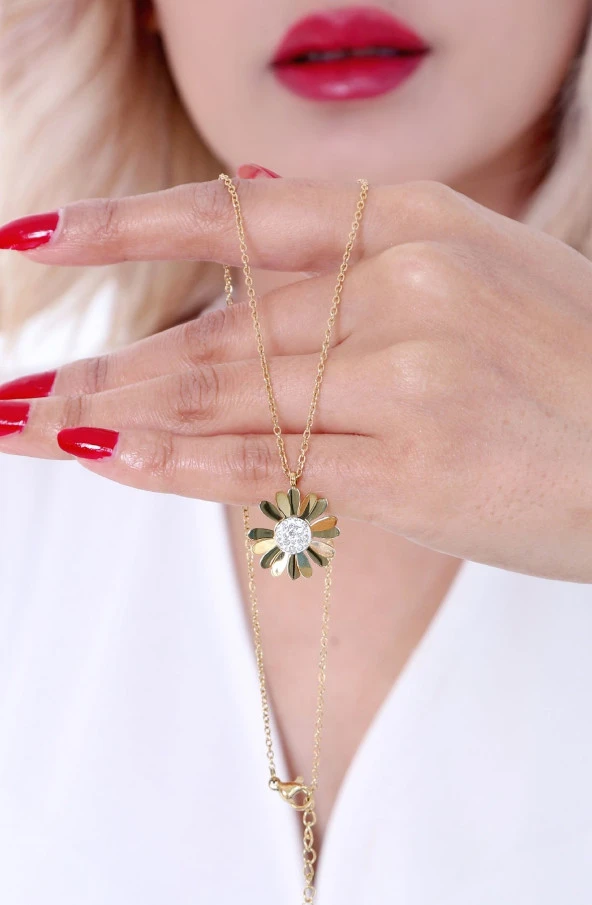 Kadın Altın Kaplama Papatya Çelik Kolye Gold Renk - Resim 5