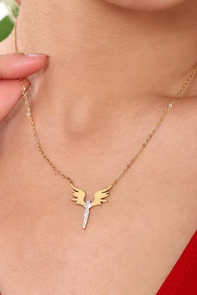 Kadın Altın Kaplama Kadın Melek Çelik Kolye - Resim 2