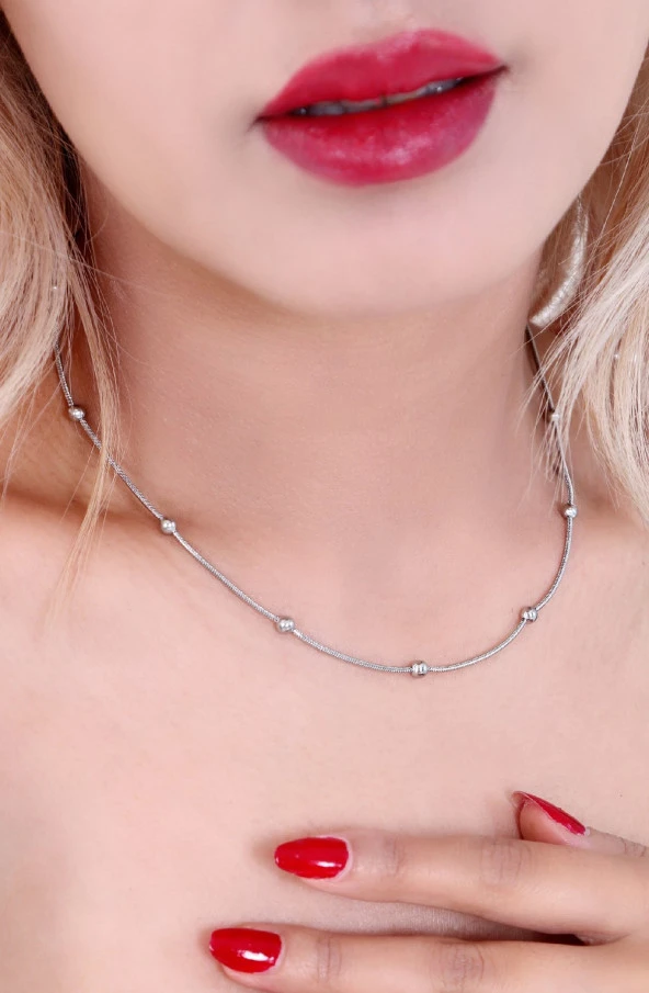 Kadın  Dorika Toplu Çelik Kolye Gümüş Renk - Resim 2