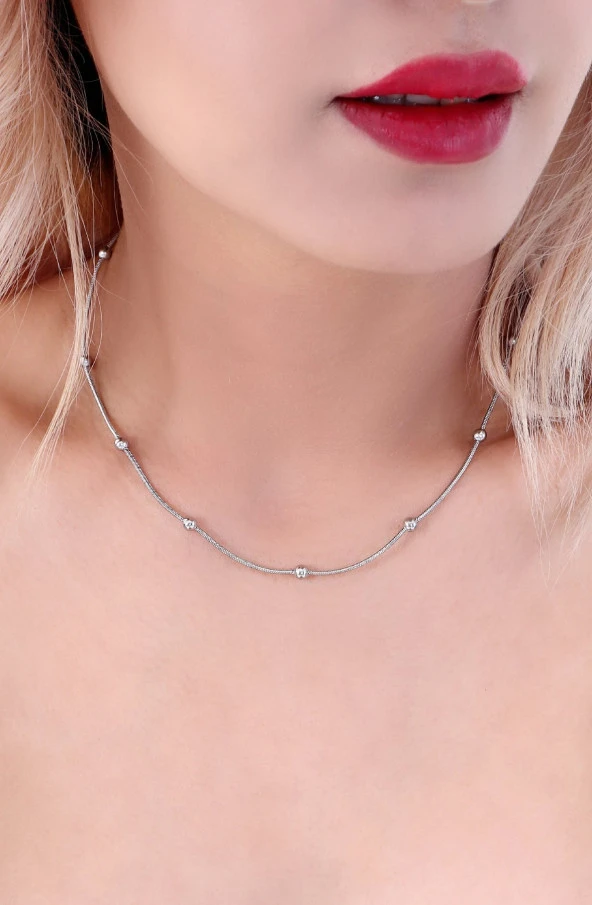 Kadın  Dorika Toplu Çelik Kolye Gümüş Renk - Resim 3