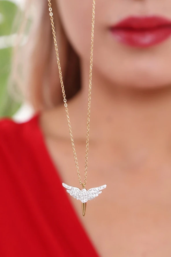 Kadın  Melek Kanatlı  Çelik Kolye - Resim 3