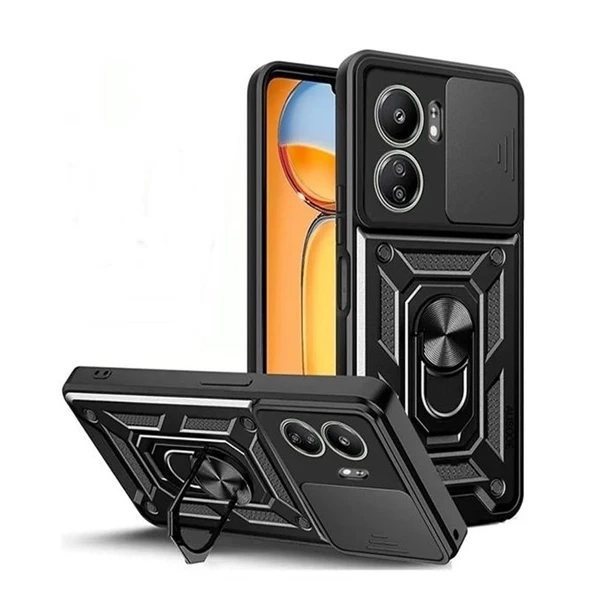 Gpack Xiaomi Poco C65 Kılıf Sert Silikon Tank Aramid Sürgülü Vega Yüzüklü