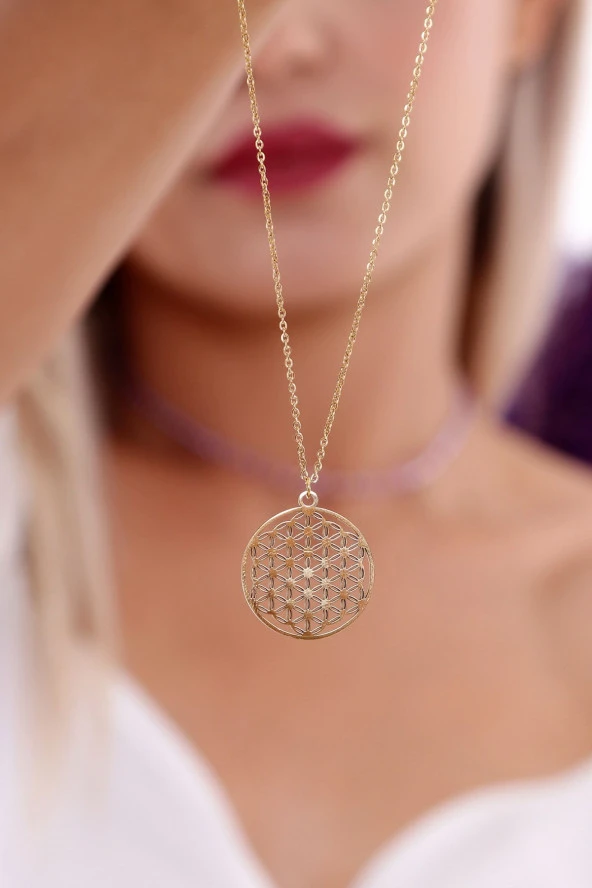 Kadın  Altın Kaplama Yaşam Çiçeği Çelik Kolye & Kristal Dorikalı Kum Boncuk Kolye Seti - Resim 2